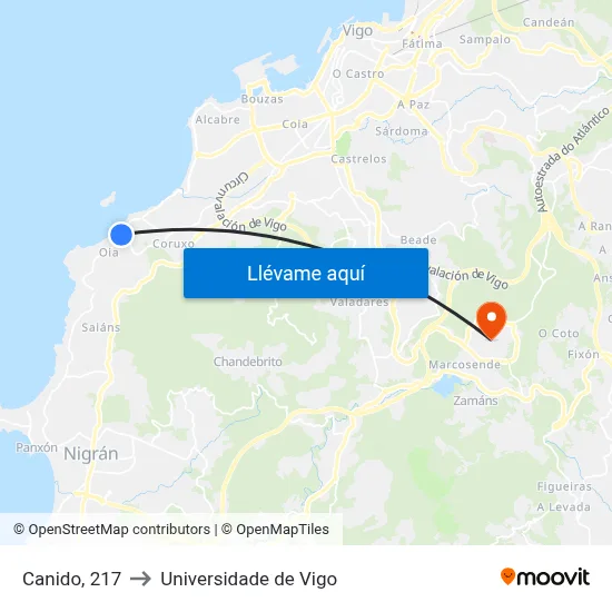 Canido, 217 to Universidade de Vigo map