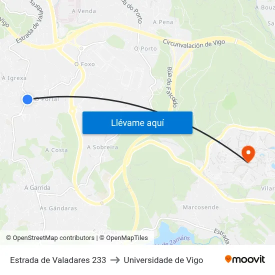 Estrada de Valadares 233 to Universidade de Vigo map