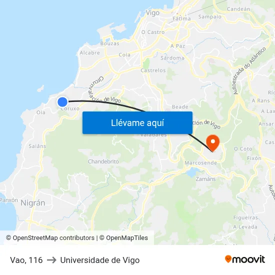 Vao, 116 to Universidade de Vigo map