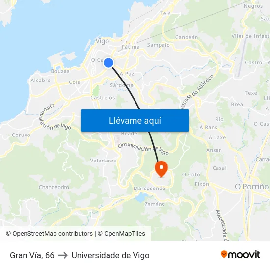 Gran Vía, 66 to Universidade de Vigo map