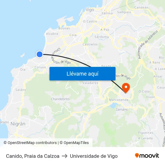 Canido, Praia da Calzoa to Universidade de Vigo map