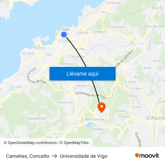 Camelias, Concello to Universidade de Vigo map
