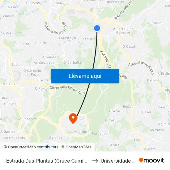 Estrada Das Plantas (Cruce Camiño Monte Vello) to Universidade de Vigo map