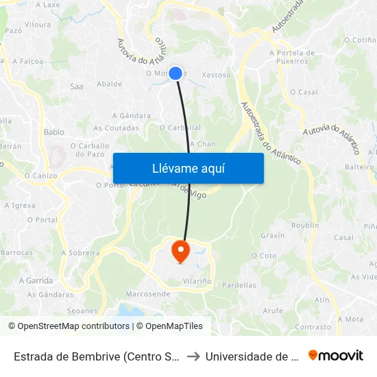 Estrada de Bembrive (Centro Saúde) to Universidade de Vigo map