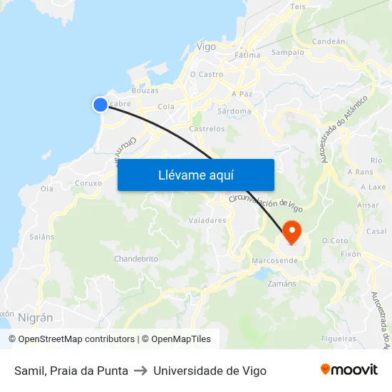 Samil, Praia da Punta to Universidade de Vigo map