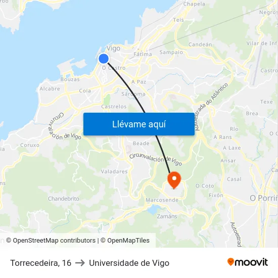Torrecedeira, 16 to Universidade de Vigo map
