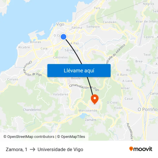 Zamora, 1 to Universidade de Vigo map
