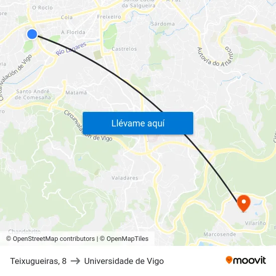 Teixugueiras, 8 to Universidade de Vigo map