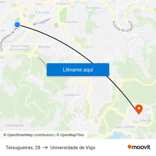 Teixugueiras, 28 to Universidade de Vigo map