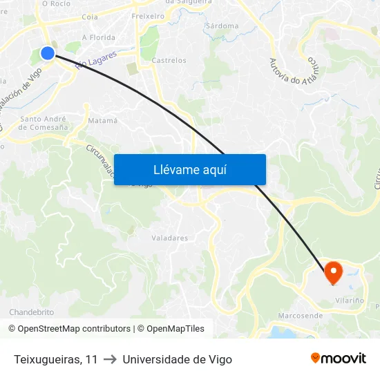 Teixugueiras, 11 to Universidade de Vigo map
