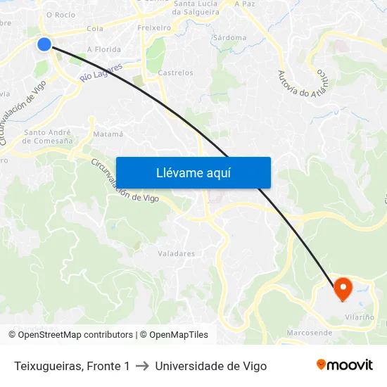 Teixugueiras, Fronte 1 to Universidade de Vigo map