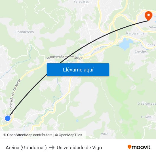Areiña (Gondomar) to Universidade de Vigo map