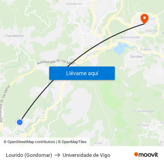 Lourido (Gondomar) to Universidade de Vigo map