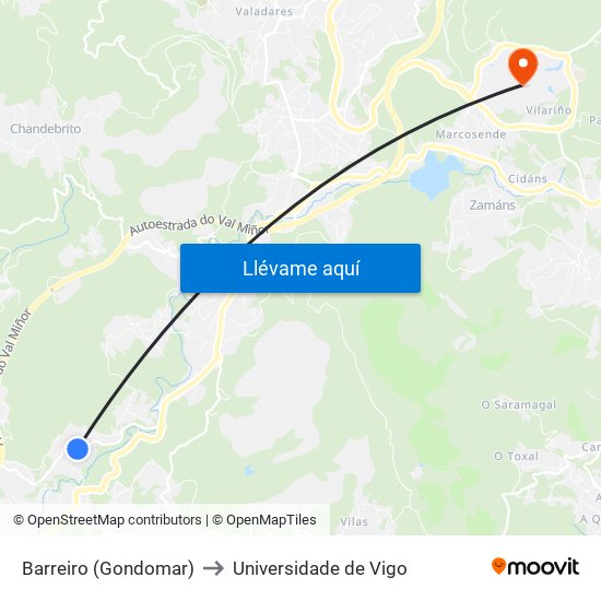 Barreiro (Gondomar) to Universidade de Vigo map