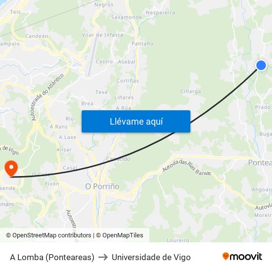 A Lomba (Ponteareas) to Universidade de Vigo map