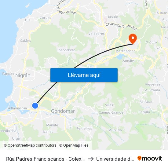 Rúa Padres Franciscanos - Colexio (Nigrán) to Universidade de Vigo map