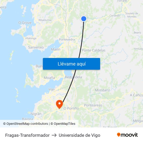 Fragas-Transformador to Universidade de Vigo map