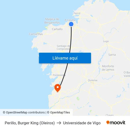 Perillo, Burger King (Oleiros) to Universidade de Vigo map