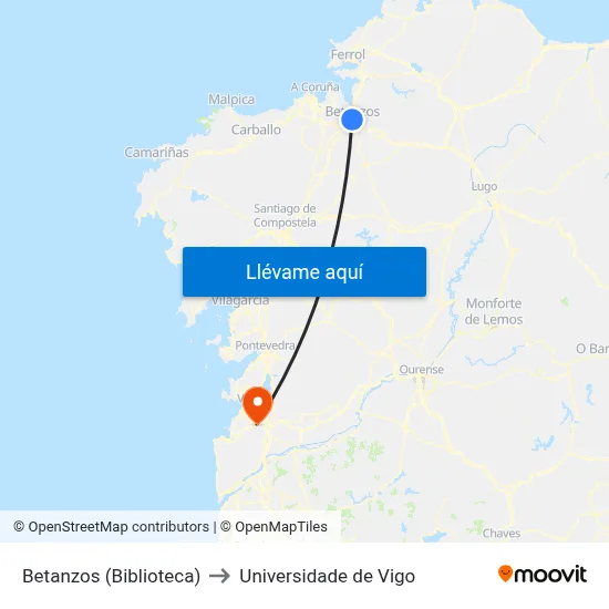 Betanzos (Biblioteca) to Universidade de Vigo map