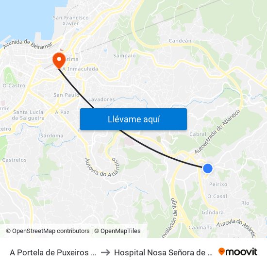 A Portela de Puxeiros (Mos) to Hospital Nosa Señora de Fátima map