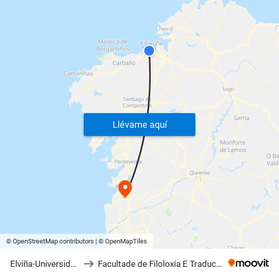 Elviña-Universidade to Facultade de Filoloxía E Traducción map