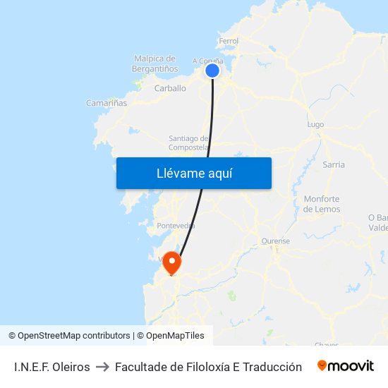 I.N.E.F. Oleiros to Facultade de Filoloxía E Traducción map