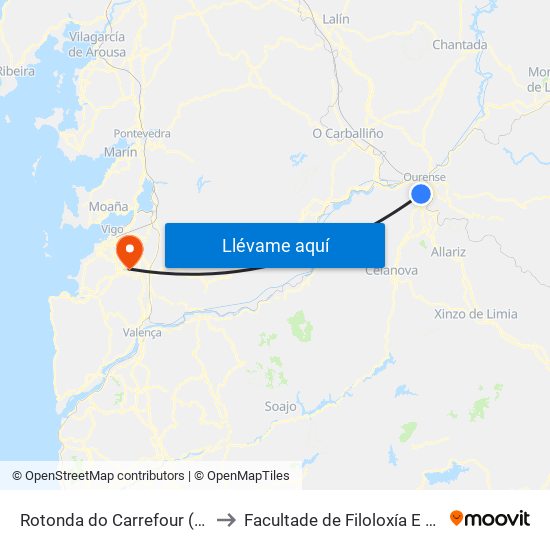 Rotonda do Carrefour (Barbadás) to Facultade de Filoloxía E Traducción map