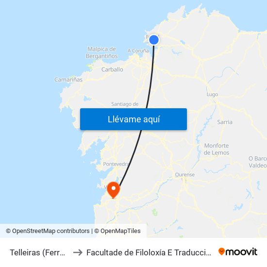 Telleiras (Ferrol) to Facultade de Filoloxía E Traducción map