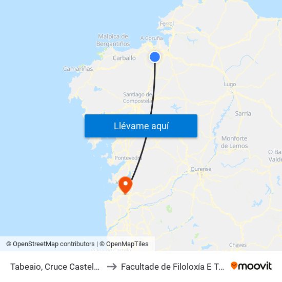 Tabeaio, Cruce Castelo (Carral) to Facultade de Filoloxía E Traducción map