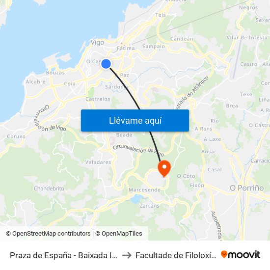 Praza de España - Baixada Interurbanos (Vigo) to Facultade de Filoloxía E Traducción map