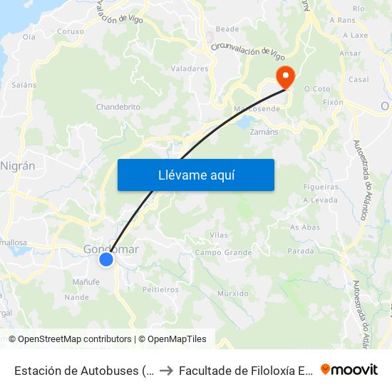 Estación de Autobuses (Gondomar) to Facultade de Filoloxía E Traducción map