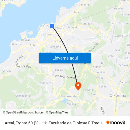 Areal, Fronte 50 (Vigo) to Facultade de Filoloxía E Traducción map