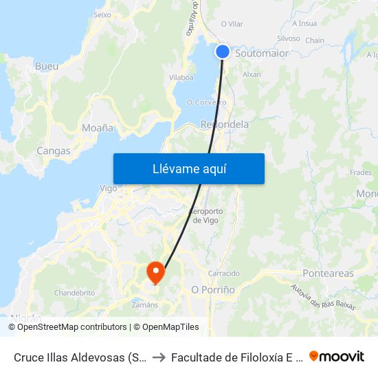 Cruce Illas Aldevosas (Soutomaior) to Facultade de Filoloxía E Traducción map