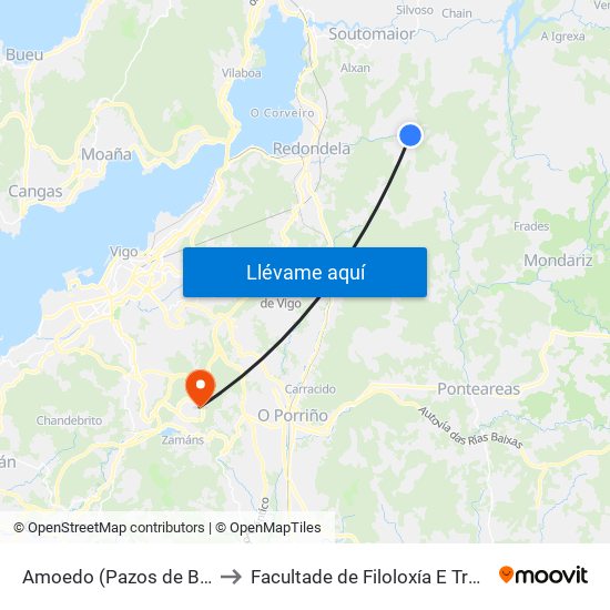 Amoedo (Pazos de Borbén) to Facultade de Filoloxía E Traducción map