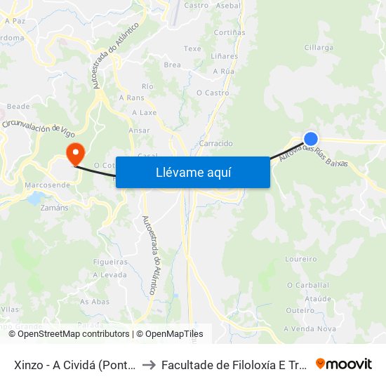 Xinzo - A Cividá (Ponteareas) to Facultade de Filoloxía E Traducción map