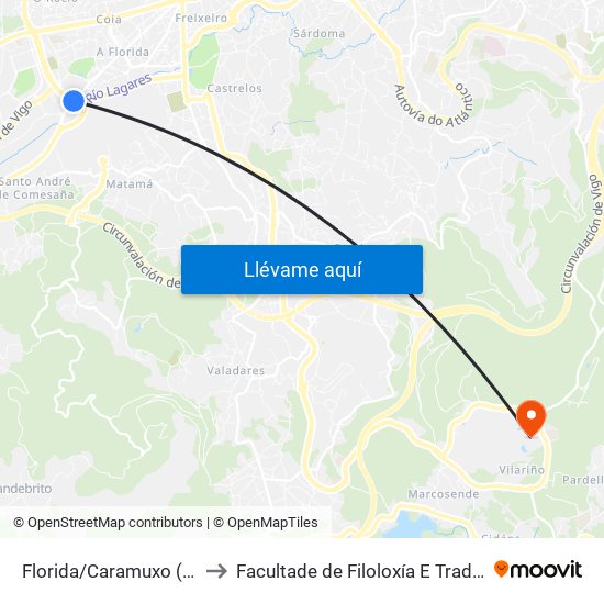 Florida/Caramuxo (Vigo) to Facultade de Filoloxía E Traducción map