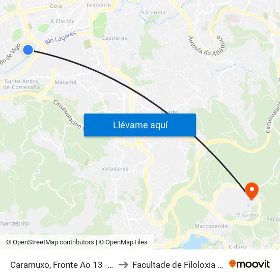 Caramuxo, Fronte Ao 13 - A Roda (Vigo) to Facultade de Filoloxía E Traducción map
