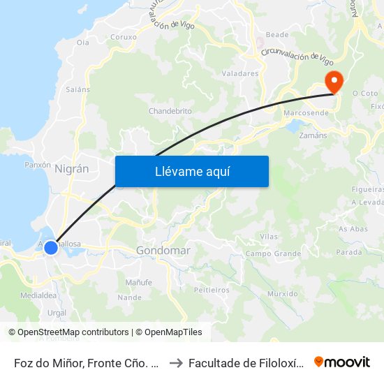 Foz do Miñor, Fronte Cño. Ferreiros (Baiona) to Facultade de Filoloxía E Traducción map