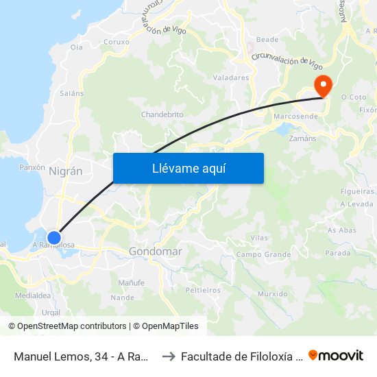 Manuel Lemos, 34 - A Ramallosa (Nigrán) to Facultade de Filoloxía E Traducción map
