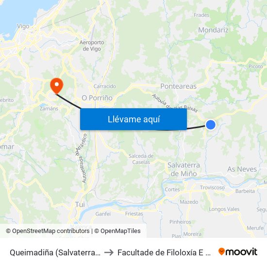 Queimadiña (Salvaterra do Miño) to Facultade de Filoloxía E Traducción map