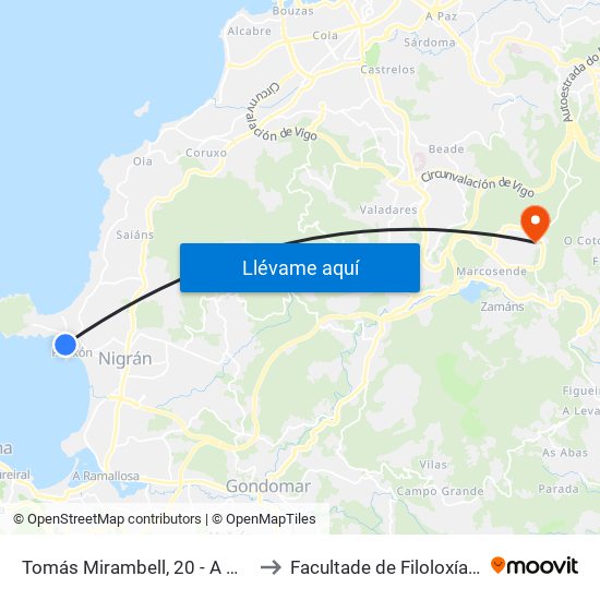 Panxón - Madorra (Nigrán) to Facultade de Filoloxía E Traducción map