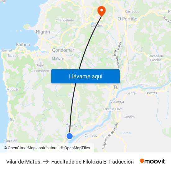 Vilar de Matos to Facultade de Filoloxía E Traducción map