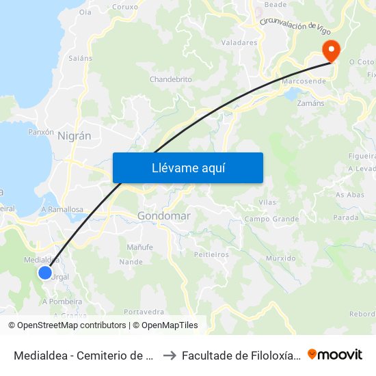 Medialdea - Cemiterio de Belesar (Baiona) to Facultade de Filoloxía E Traducción map