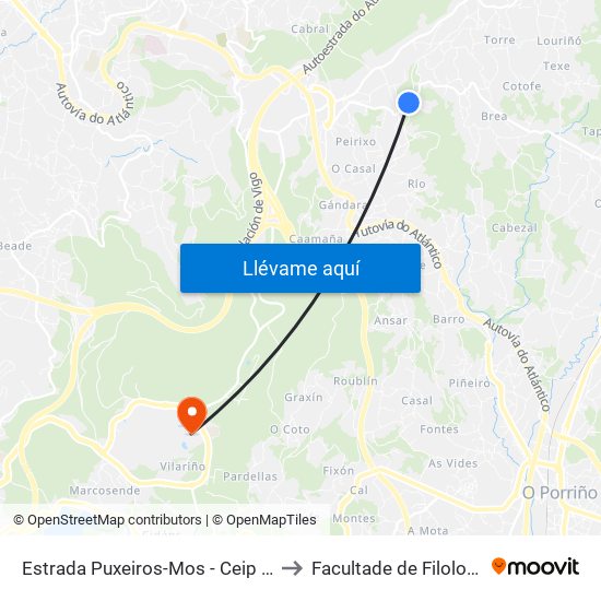 Estrada Puxeiros-Mos - Ceip Pena de Francia (Mos) to Facultade de Filoloxía E Traducción map