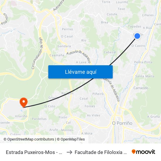 Estrada Puxeiros-Mos - Espaín (Mos) to Facultade de Filoloxía E Traducción map