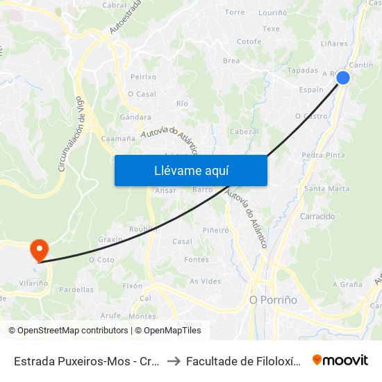 Estrada Puxeiros-Mos - Cruce N-550 (Mos) to Facultade de Filoloxía E Traducción map