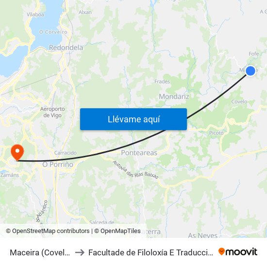 Maceira (Covelo) to Facultade de Filoloxía E Traducción map