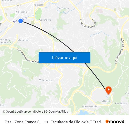 Psa - Zona Franca (Vigo) to Facultade de Filoloxía E Traducción map