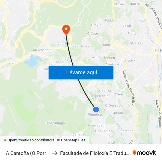 A Cantoña (O Porriño) to Facultade de Filoloxía E Traducción map