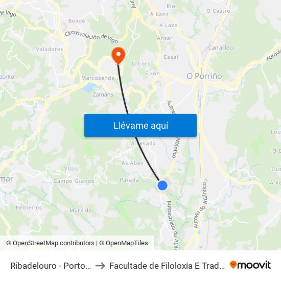 Ribadelouro - Porto (Tui) to Facultade de Filoloxía E Traducción map